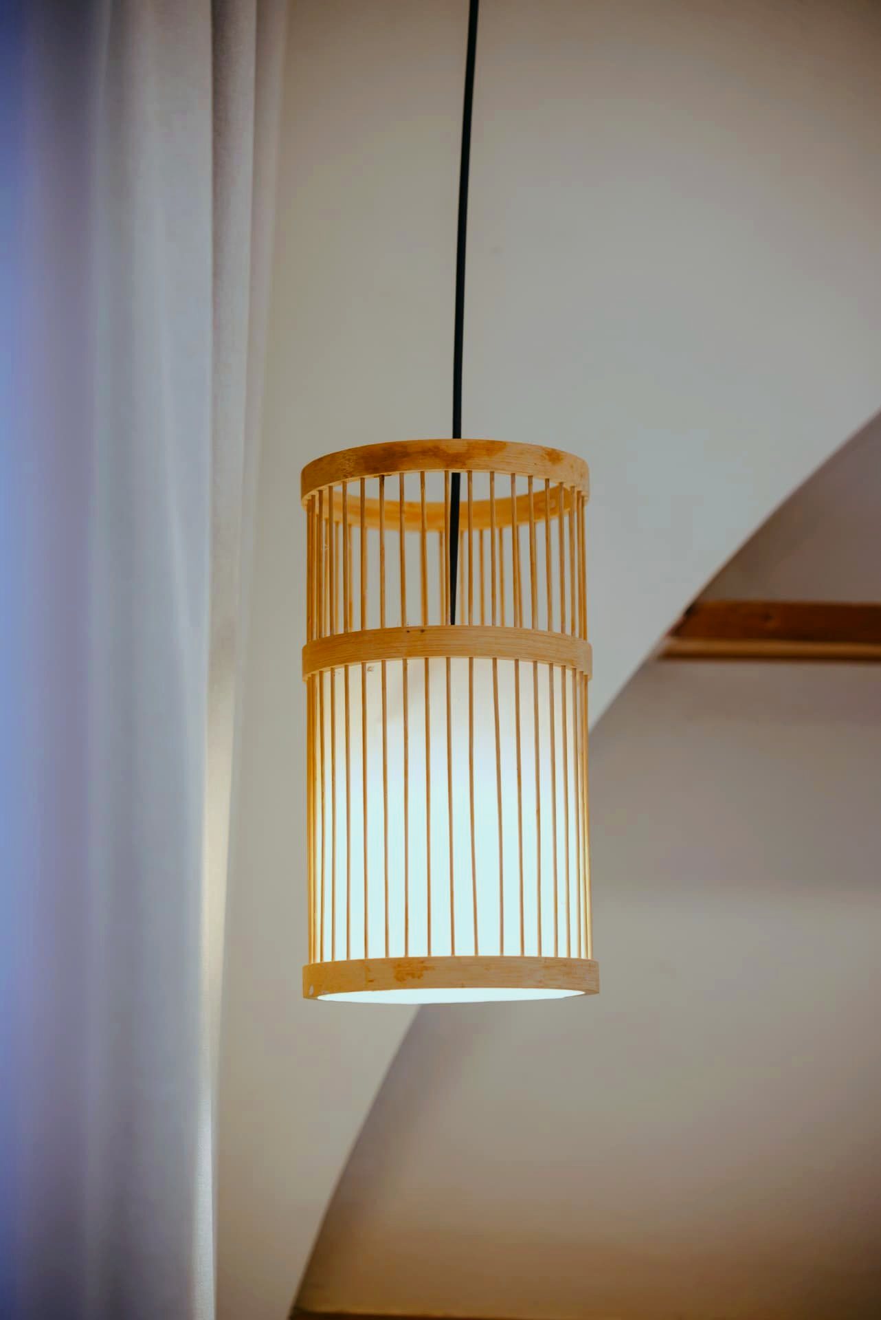 Handwoven bamboo pendant light detail