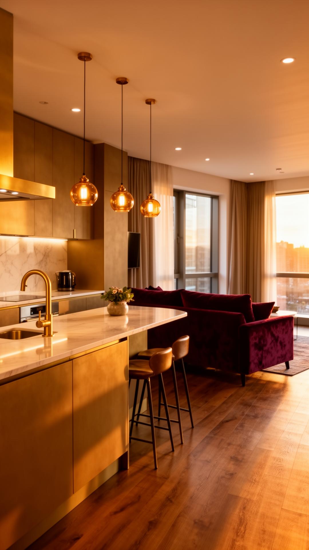 Apartelle living room with brass kitchen and burgundy sofa in El Nido