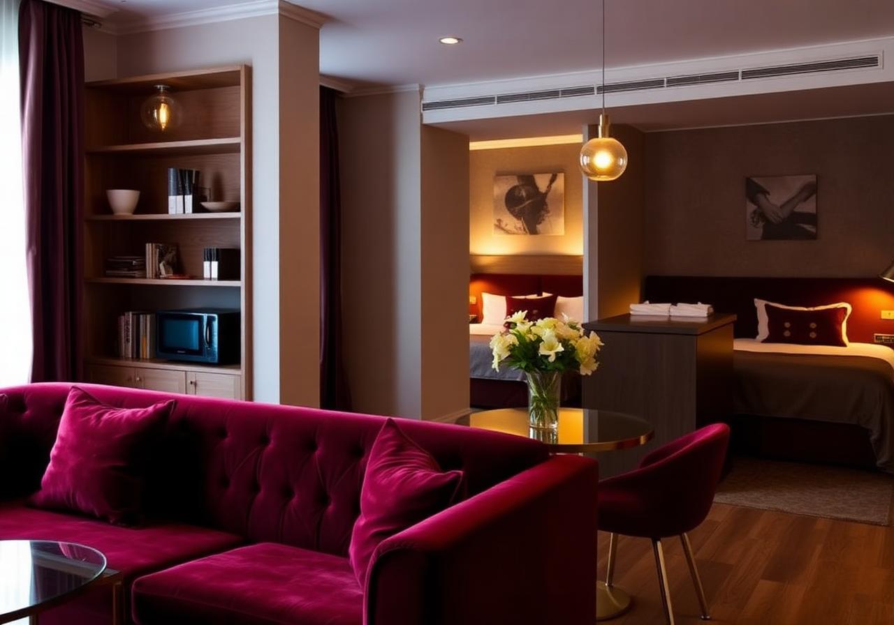 Studio apartment with velvet sofa and bedroom alcove
