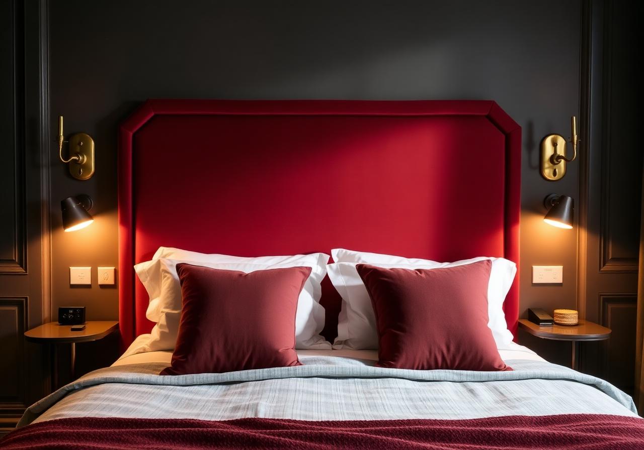 Bedroom with deep burgundy velvet headboard and brass sconces