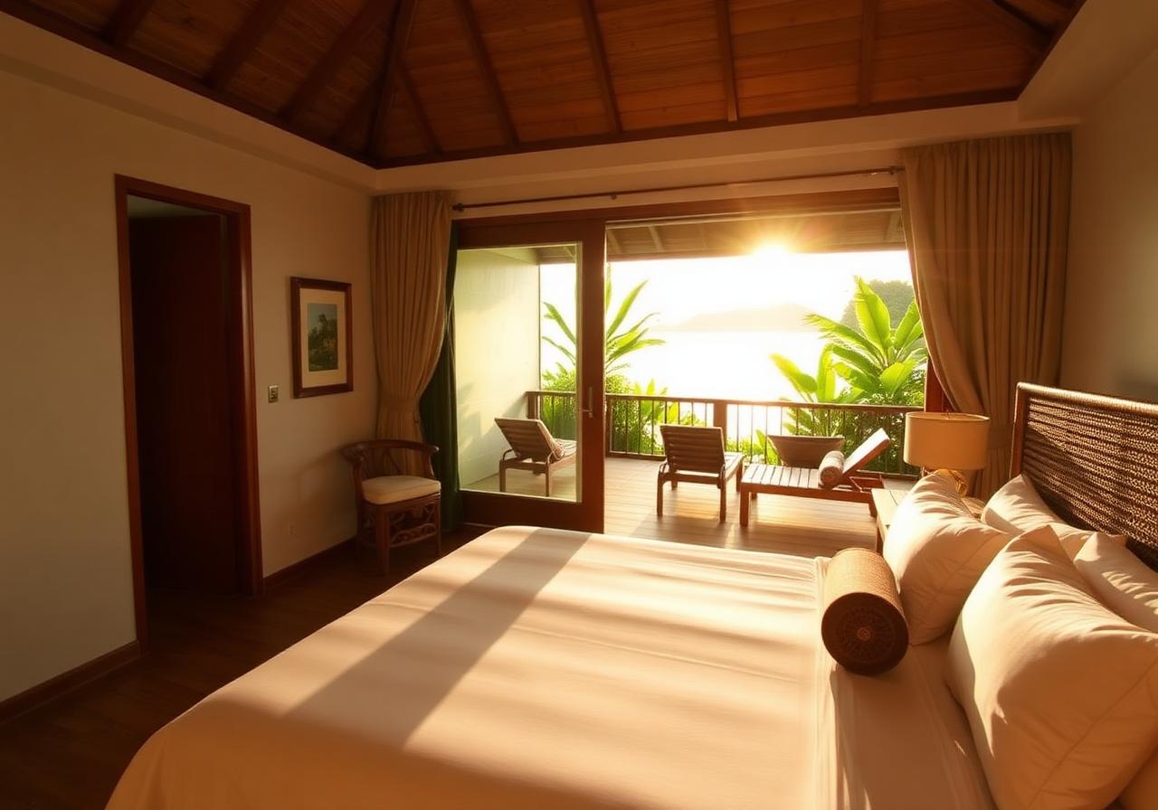 Bedroom with rattan headboard opening to a tropical patio