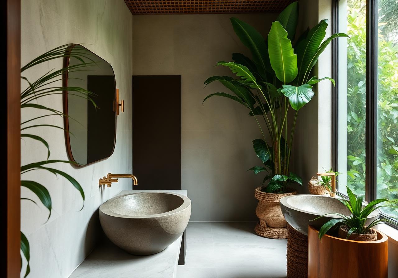 Tropical bathroom with stone basin and brass fixtures