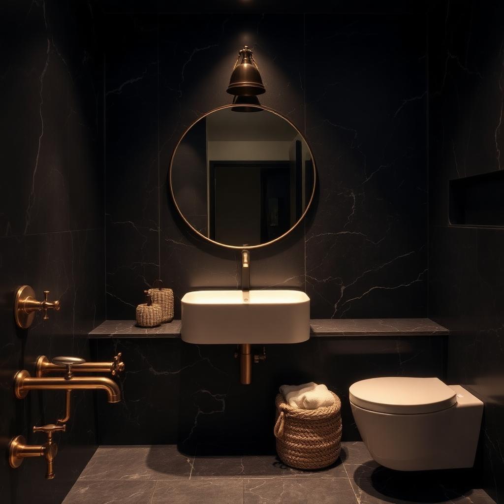 Dark stone bathroom with brass fixtures
